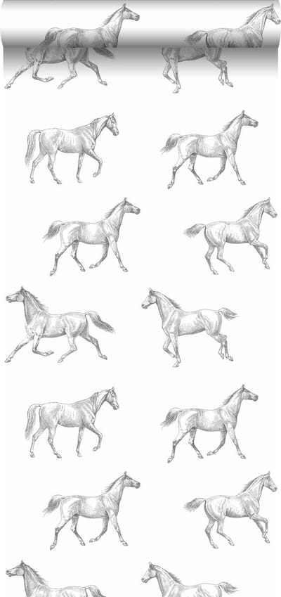 Walls4You behang paarden grijs en wit - 935281 - 53 cm x 10,05 m