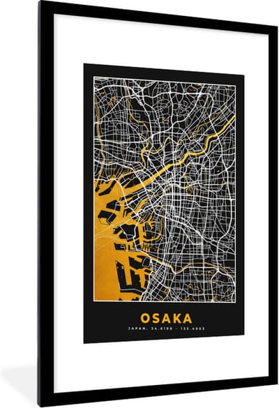 Fotolijst incl. Poster - Osaka - Kaart - Stadskaart - Plattegrond - Goud - 60x90 cm - Posterlijst