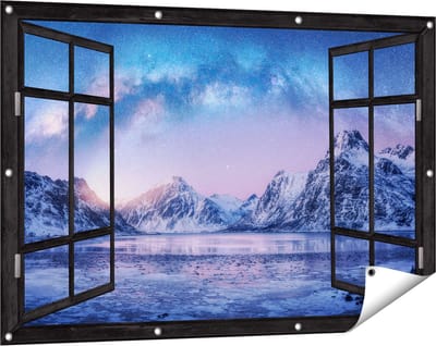 Gards Tuinposter Doorkijk Melkweg bij de Besneeuwde bergen - 120x80 cm - Tuindoek - Tuindecoratie - Wanddecoratie buiten - Tuinschilderij