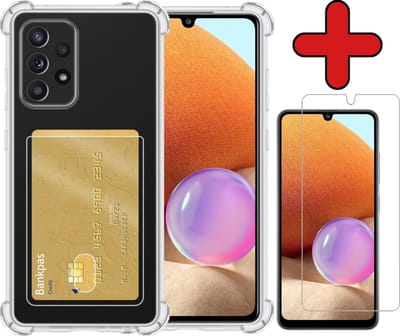 Hoesje - Geschikt voor Samsung Galaxy A32 5G - Met Screenprotector - Pashouder - Kaarthouder - Back Cover - Telefoon Hoes Shockproof - Siliconen Case - Shock Proof - Pasjes Houder - Telefoonhoes - Transparant