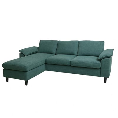 Bankset MCW-O71, hoekbank L-vorm, ligvlak links/rechts, stof (320 g/m²) hout 84x229x140cm ~ grijsgroen