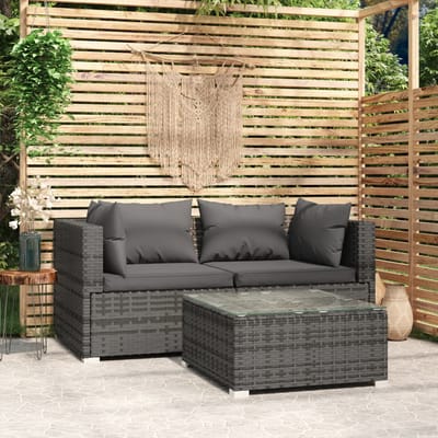 vidaXL - 3-delige - Loungeset - met - kussens - poly - rattan - grijs
