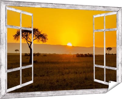 Gards Tuinposter Doorkijk Zonsopgang in de Savanne met een Boom - 180x120 cm - Tuindoek - Tuindecoratie - Wanddecoratie buiten - Tuinschilderij