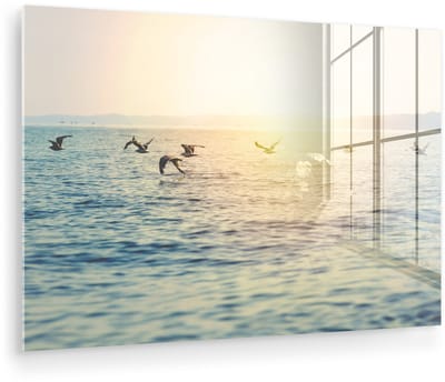 ® Glasschilderij 180x120 cm - Schilderij acrylglas - Zee - Meeuw - Zon - Foto op glas - Muurdecoratie woonkamer - Wanddecoratie slaapkamer - Schilderijen