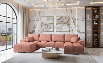 U-vormige Fluwelen Hoekbank met Slaapfunctie - 365x189 cm - Roze - Novihome