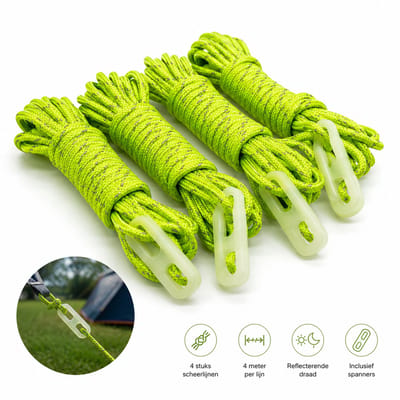 HEM Fluorescerende Scheerlijn Set 4 Stuks – Tentlijnen met Spanners – Reflecterend – 4 Meter – Fluor Groen – Inclusief HEM Microvezeldoekje