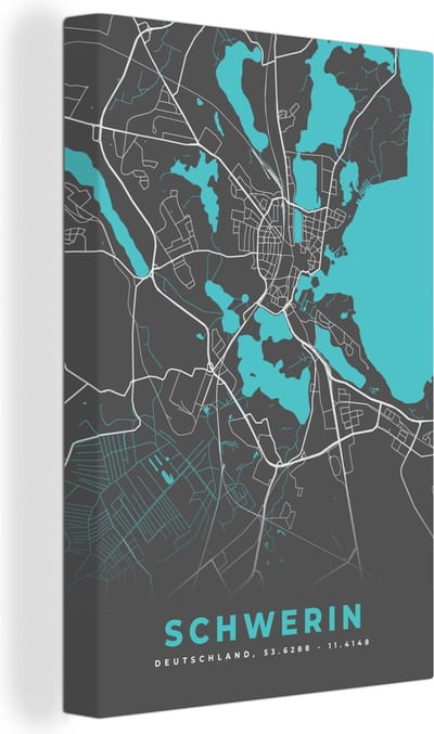 Canvas Schilderij Duitsland – Blauw – Schwerin – Stadskaart – Kaart – Plattegrond - 20x30 cm - Wanddecoratie