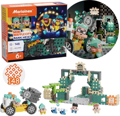 Marioinex Mini Waffle City: Bankoverval, bouwblokkenset, zachte blokken voor kinderen, veilig – 148 stuks