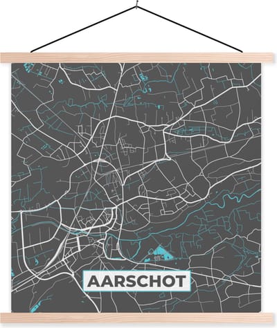 Posterhanger incl. Poster 40x40 cm - Schoolplaat - België – Aarschot – Stadskaart – Kaart – Blauw – Plattegrond - Textielposter - Blanke latten - Stadskaart