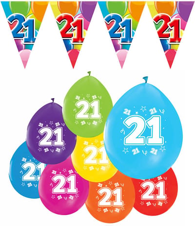 Feestpakket 21 jaar / 8 ballonnen en 1 vlaggenlijn 10 meter - Versiering Slinger Feestdecoratie Decoratie Verjaardag Jubileum Ballon Feest