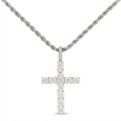 Zilverkleurige schakel ketting voor heren en dames met kruisvormige hanger bezet met ronde transparante stenen – glanzende ketting