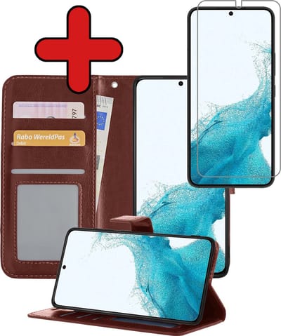 Hoesje - Met Screenprotector - Geschikt voor Samsung Galaxy S22 - Luxe Pasjeshouder - Flipcase - Bookcase Portemonee - Flip Case - Kunstleer Book Case - Book Cover - Walletcase - Portemonneehoes - Telefoonhoes - Bruin