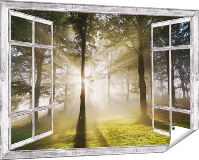 Gards Tuinposter Doorkijk Zon tussen de Bomen - 150x100 cm - Tuindoek - Tuindecoratie - Wanddecoratie buiten - Tuinschilderij