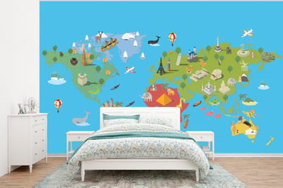 Behang - Fotobehang Wereldkaart Kinderen - Modern - Symbolen - Breedte 295 cm x hoogte 220 cm