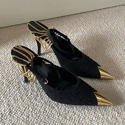 Lente Nieuwe Europese En Amerikaanse Zwarte Banket Hoge Hakken Puntige Naaldhak Ketting Alles -Passende Sexy Pumps Feeënschoenen 39 gray