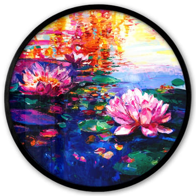 Poster in lijst Rond - Fotolijst 40x40 cm - Posters - Schilderij - Waterlelie - Olieverf - Water - Ronde posterlijst zwart - Decoratie - Wanddecoratie woonkamer - Muurdecoratie slaapkamer