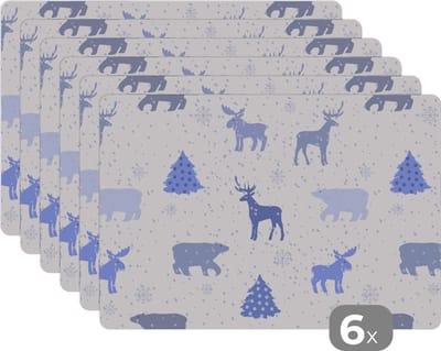 Placemat - Placemats kunststof - Hert - Patroon - Sneeuw - 45x30 cm - 6 stuks - Hittebestendig - Anti-Slip - Onderlegger - Afneembaar
