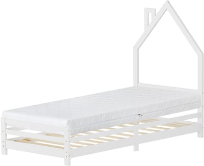 Kinderbed huis 90x200 cm wit met matras H:16cm houten bed voor kinderen met lattenbodem schoorsteen design ML-Design