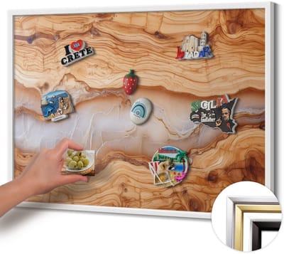 Wallfluent - Bruin Magnetisch Bord met Kleurvariaties - 80 cm x 60 cm - Magneetbord met Witte Frame - Houten structuur met hars - Magnetisch Bord voor aan de Wand - Magnetisch Bord Decoratief - Magneetbord met Effen Frame