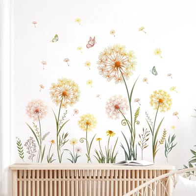 Geel Paardenbloem Muurstickers - Zelfklevende en Verwijderbare Decoratie voor Kinderkamer, Woonkamer en Slaapkamer met Vlinders en Planten