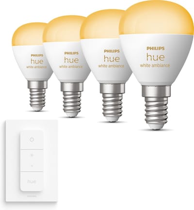 Philips Hue Uitbreidingspakket - E14 - met 4 Kogellampen - Warm tot Koelwit Licht - Incl. 1 Hue Dimmer Switch - Hue White Ambiance