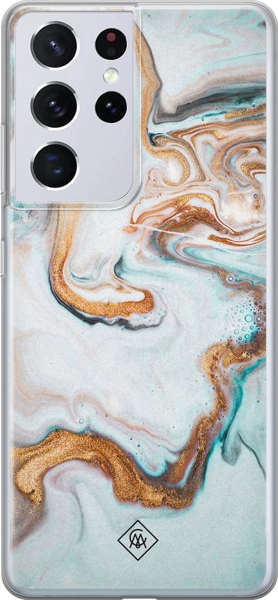 Casimoda® hoesje - Geschikt voor Samsung S21 Ultra - Marmer Blauw Goud - Backcover - Siliconen/TPU - Blauw