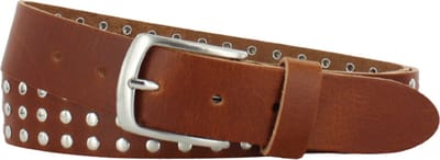 Leren Riem met studs | 4cm breed | Riemmaat: 115cm (totale lengte: 130cm) | 100% echt leer | Kleur: cognac | Nikkelvrije gesp