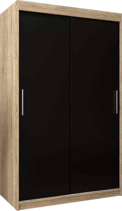 InspireMe - Kledingkast met 2 schuifdeuren, Modern-stijl, Kledingkast met planken (BxHxD): 120x200x62 - TORM 120 Sonoma Eik + Zwart Mat