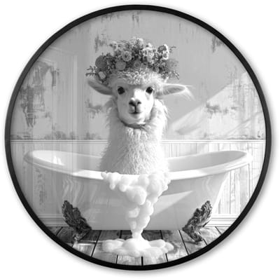 Poster in lijst Rond - Fotolijst 60x60 cm - Posters - Alpaca - Bloemen - Dier - Bad - Zwart - Wit - Ronde posterlijst zwart - Decoratie - Wanddecoratie woonkamer - Muurdecoratie slaapkamer