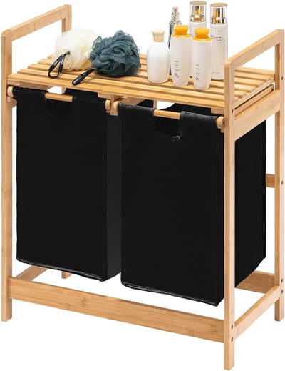 Bamboe Wasmand met Planken en 2 Uittrekbare Waszakken voor Badkamer en Slaapkamer, 73 x 64 x 33 cm, Zwart, Ruimtebesparend en Stijlvol