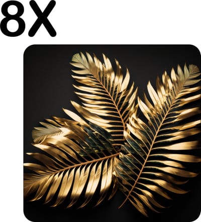 Luxe Placemat - Gouden Veren op een Donker Ondergrond - Set van 8 Placemats - 50x50 cm - 2 mm dik Vinyl - Anti Slip - Afneembaar