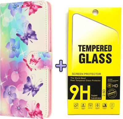 HB Hoesje Geschikt voor Samsung Galaxy S21 FE met Print - Portemonnee Book Case - Kaarthouder & Magneetlipje - Bloemen & Vlinders & Glazen Screenprotector