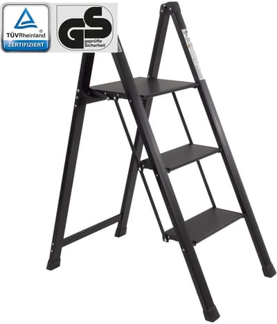 TRUTZHOLM Aluminium Trapladder 3 Treden Zwart - TÜV/GS 150kg Huishoudtrap - Heavy Duty Trapje Antisliptreden Keukentrap