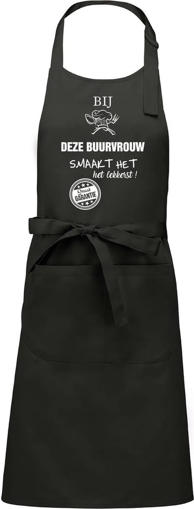 Cadeauschort - tekstschort - Keukenschort - BBQ schort - verjaardag - moederdag - het smaakt het lekkerst bij deze Buurvrouw - chique grijs