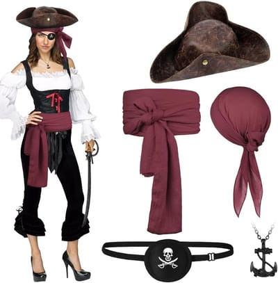 Piratenkostuum Accessoireset met Bandana, Sjerp, Ooglapje en Ankerhanger voor Halloween en Verkleedfeest met Middeleeuwse Elementen