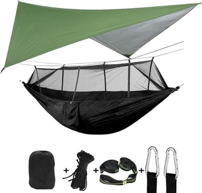 Kampeerhangmat - Buitenhangmat - Ontspannen buiten - Waterdichte luifel - 260x140cm - Groen zwart