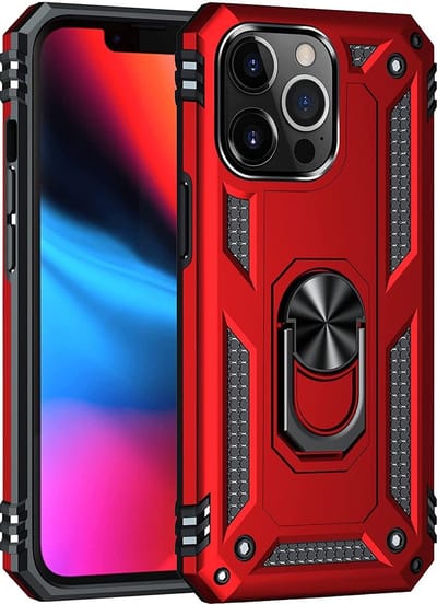 HB Hoesje Geschikt voor Apple iPhone 13 Pro - Rood - Anti-Shock Hybrid Armor Back Cover - Hoes met Kickstand Ring