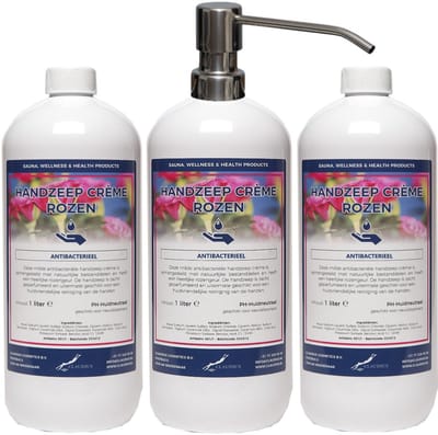 Handzeep Crème Rozen 1 liter - set van 3 stuks - met gratis RVS zilverkleurige pomp - Voordeelverpakking