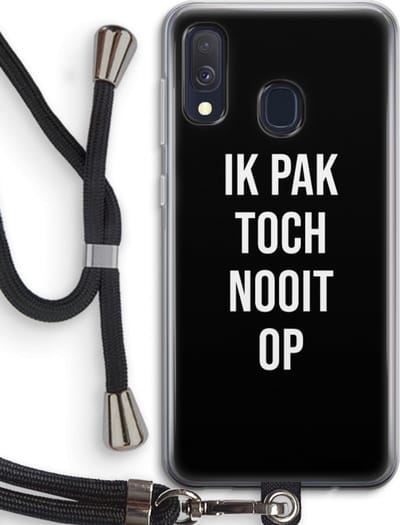 Case Company® - Hoesje met koord geschikt voor Samsung Galaxy A40 hoesje met Koord - Ik pak nooit op - Zwart - Telefoonhoesje met Zwart Koord - Bescherming aan alle Kanten en Over de Schermrand