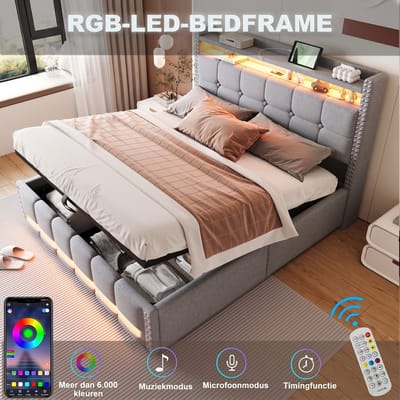 VVBV Gestoffeerd Opbergbed 160x200 cm - Hydraulische Opbergruimte, USB & Stopcontact, Planken - Linnen Lichtgrijs/Grijs