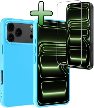 Hoesje Met Screenprotector - Geschikt voor Apple iPhone 17 Pro - Sterk & Shockproof - Back Cover - Siliconen Case - Telefoon Hoes - Lichtblauw