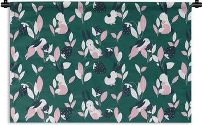 Wandkleed - Wanddoek - Aardbeien - Patronen - Konijnen - 180x120 cm - Wandtapijt