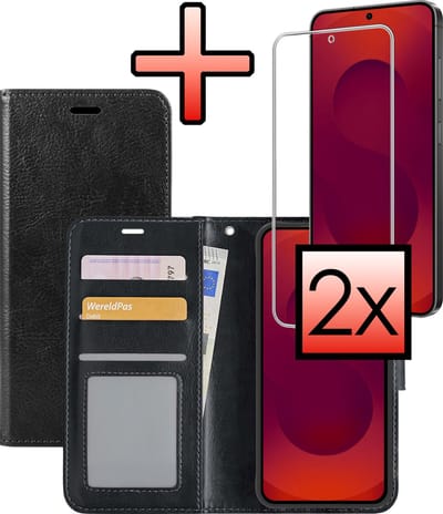 Hoesje - Met Screenprotector - Geschikt voor Samsung Galaxy S25 FE - Luxe Pasjeshouder - Bookcase Portemonee - Flip Case - Kunstleer Book Case - Flipcase - Book Cover - Walletcase - Portemonneehoes - Zwart