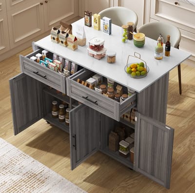 MEUNIQ Keukeneiland met klapblad 129 x 46/71 x 91,5 cm, keukenwagen op 5 wielen met 2 lades, verstelbare planken en handdoekhouder voor keuken of eetkamer, grijs en wit