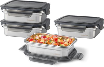 Lock&Lock RVS Vershoudbakjes met deksel - RVS bakjes - Bewaarbakjes - Diepvriesbakjes - Meal prep bakjes - Vershouddoos - RVS Snackbox - Snackdoosjes - Roestvrijstaal - Lekvrij - BPA vrij - PFAS vrij - Set van 4 stuks - 600 ml
