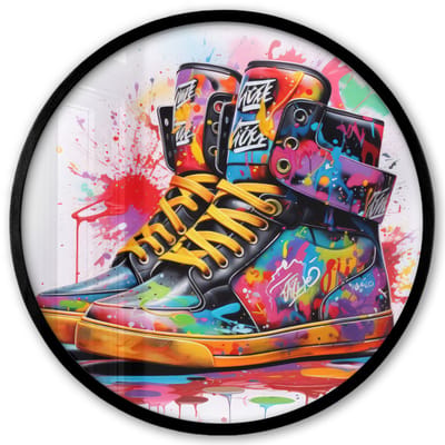 Poster in lijst Rond - Fotolijst 40x40 cm - Posters - Schoenen - Graffiti - Wit - Kleuren - Ronde posterlijst zwart - Decoratie - Wanddecoratie woonkamer - Muurdecoratie slaapkamer