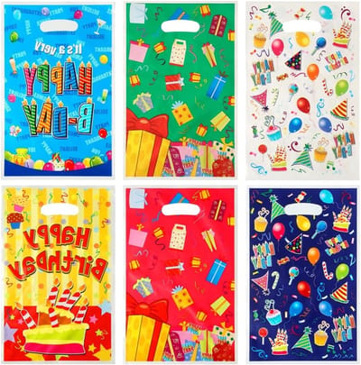 60 Stuks Multicolor Verjaardagspartijtassen, Plastic Goodiebags voor Kinderen, Leuke Verjaardagsaccessoires voor Snoep, Cadeautjes en Traktaties, 6 Stijlen