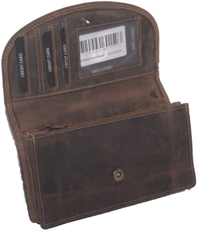 Oi Hunter bruine lederen damesportemonnee met soufflé / huishoudbeurs met ronde klep / harmonicaportemonnee / overslagportemonnee / RFID safe / bruin leer / 332H