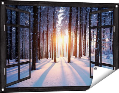 Gards Tuinposter Doorkijk Bos met Sneeuw tijdens de Zonsondergang - 90x60 cm - Tuindoek - Tuindecoratie - Wanddecoratie buiten - Tuinschilderij