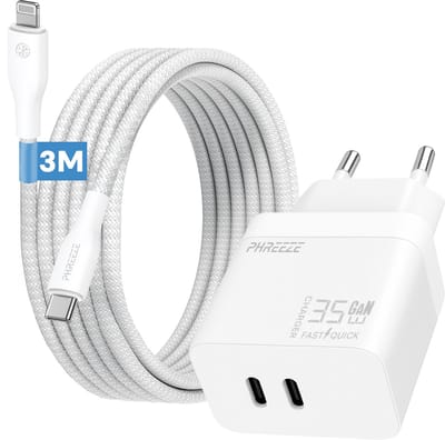 Phreeze usb C oplader met 3m kabel geschikt voor iPhone en iPad met Lightning kabel - Power Delivery snellader met 2 usb C poorten - GaN charger
